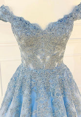 Bridesmaid Dress Websites, Blue Lace Off the Shoulder Prom Dresses, A-Line Evening Dresses