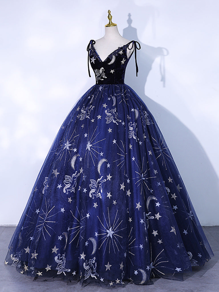 Prom Dresses 2015, Dark Blue A-Line Tulle Lace Long Prom Dress, Dark Blue Long Formal Dress