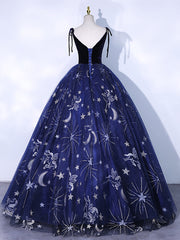 Prom Dresses For Blondes, Dark Blue A-Line Tulle Lace Long Prom Dress, Dark Blue Long Formal Dress