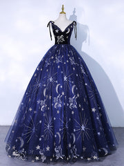 Prom Dresses For Warm Weather, Dark Blue A-Line Tulle Lace Long Prom Dress, Dark Blue Long Formal Dress