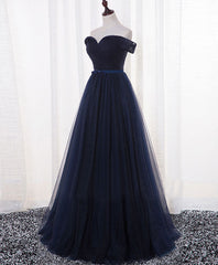 Prom Dress Open Back, Dark Blue A Line Tulle Long Prom Dress, Evening Dress