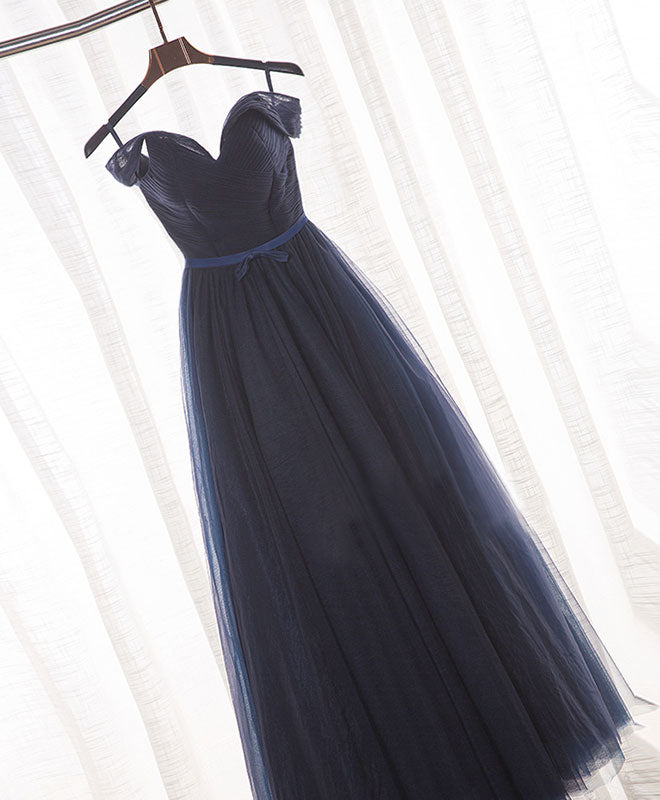 Prom Dresses Open Backs, Dark Blue A Line Tulle Long Prom Dress, Evening Dress