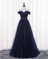 Prom Dresses Curvy, Dark Blue A Line Tulle Long Prom Dress, Evening Dress