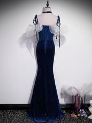 Bridesmaid Dress Styles Long, Dark Blue Mermaid Velvet Long Prom Dresses, Blue Formal Evening Dress