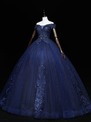 Formal Dresses Websites, Dark Blue Off Shoulder Tulle Lace Long Prom Gown, Blue Sweet 16 Dress With Beading Sequin