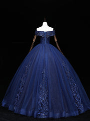 Formal Dress Store Near Me, Dark Blue Off Shoulder Tulle Lace Long Prom Gown, Blue Sweet 16 Dress With Beading Sequin