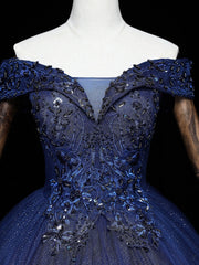 Formal Dress Stores Near Me, Dark Blue Off Shoulder Tulle Lace Long Prom Gown, Blue Sweet 16 Dress With Beading Sequin