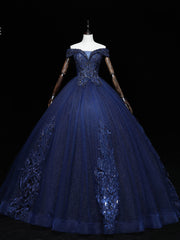 Formal Dresses Website, Dark Blue Off Shoulder Tulle Lace Long Prom Gown, Blue Sweet 16 Dress With Beading Sequin