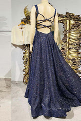 Formal Dress With Sleeve, Dark blue sequin long prom dress , blue evening dress