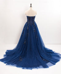 Bridesmaid Dressed Blush, Dark Blue Sweetheart Tulle Lace Long Prom Dress Blue Tulle Evening Dress
