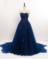 Bridesmaid Dress Blushes, Dark Blue Sweetheart Tulle Lace Long Prom Dress Blue Tulle Evening Dress