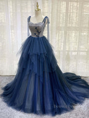 Evening Dress Red, Dark blue tulle lace long prom dress, blue tulle formal dress