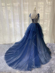 Evening Dress Sleeve, Dark blue tulle lace long prom dress, blue tulle formal dress