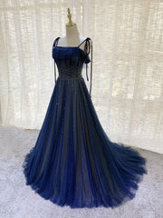 Prom Dresses Store, Dark Blue Tulle Sequin Long Prom Dress, Blue Tulle Formal Dress