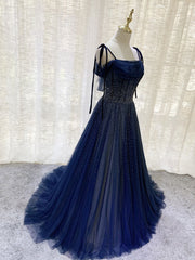 Prom Dresse Long, Dark Blue Tulle Sequin Long Prom Dress, Blue Tulle Formal Dress