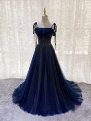 Prom Dressed Long, Dark Blue Tulle Sequin Long Prom Dress, Blue Tulle Formal Dress