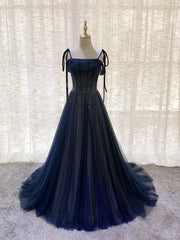 Prom Dress Store, Dark Blue Tulle Sequin Long Prom Dress, Blue Tulle Formal Dress