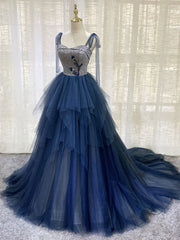 Party Dresses Near Me, Dark blue Tulle Tiered Long Prom Dress,Elegant Formal Dress