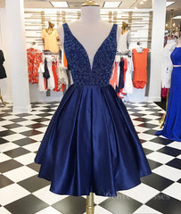 Evening Dresses Online Shop, Dark blue v neck beads satin short prom dress, blue homecoming dress