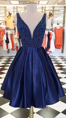 Evening Dresses With Sleeves, Dark blue v neck beads satin short prom dress, blue homecoming dress