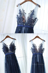 Formal Dresses For Weddings Guest, Dark Navy Blue Lace Prom Dresses, Dark Navy Blue Lace Formal Bridesmaid Dresses