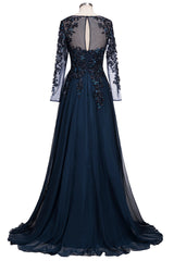 Bridesmaid Dresses Ideas, Dark Navy Long A-line Jewel Tulle Formal Evening Dresses with Sleeves