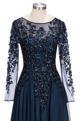 Bridesmaid Dresses Online, Dark Navy Long A-line Jewel Tulle Formal Evening Dresses with Sleeves