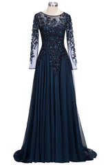 Bridesmaids Dresses Formal, Dark Navy Long A-line Jewel Tulle Formal Evening Dresses with Sleeves