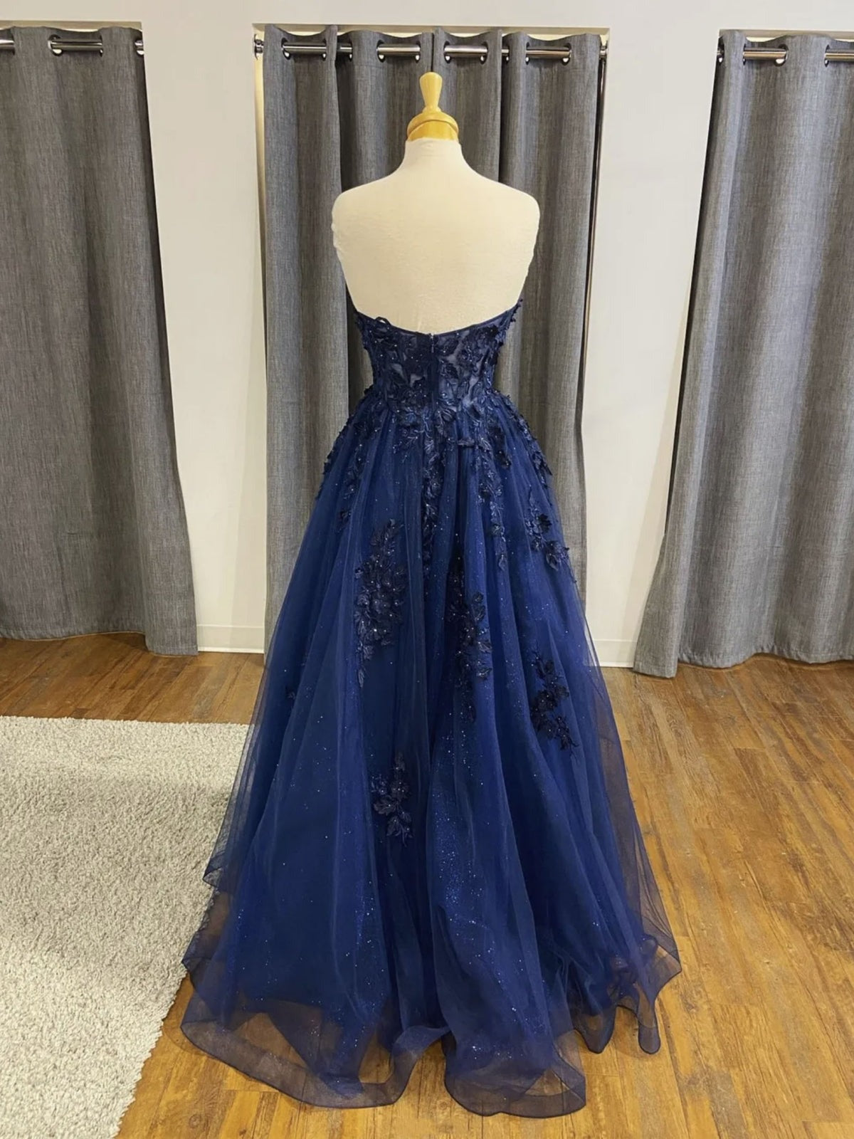 Bridesmaid Dress Formal, Dark Navy Long A-line Tulle Lace Backless Formal Prom Dresses