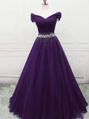 Cute Dress, Dark Purple Tulle Long Prom Dresses, Junior Prom Dress