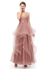 Stylish Outfit, Double V-Neck Beaded Applique Layered Tulle Prom Dresses