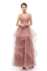 Party Dress Ideas For Curvy Figure, Double V-Neck Beaded Applique Layered Tulle Prom Dresses