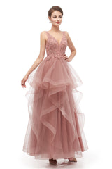 Party Dress For Couple, Double V-Neck Beaded Applique Layered Tulle Prom Dresses