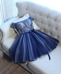 Summer Wedding Guest Dress, Blue Lace Off Shoulder Short Prom Dress, Blue Evening Dress