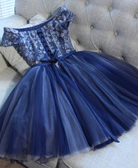 Open Back Prom Dress, Blue Lace Off Shoulder Short Prom Dress, Blue Evening Dress