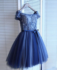 Prom Dress Black, Blue Lace Off Shoulder Short Prom Dress, Blue Evening Dress