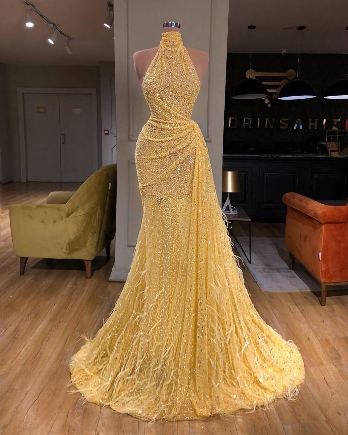 Prom Dresses Under 60, Yellow Evening Dresses, Long High Neck Sparkly Feather Luxury Bling Evening Gown Formal Dress, Long Prom Dress