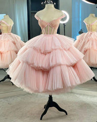 Prom Dress Long Blue, A-line Pink Tulle Short Dress Pink Tulle Homecoming Dress