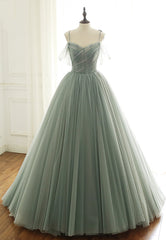 Party Dress For Christmas, Green Tulle Long Prom Dresses, A-Line Spaghetti Straps Evening Dresses