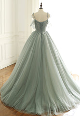 Party Dress After Wedding, Green Tulle Long Prom Dresses, A-Line Spaghetti Straps Evening Dresses