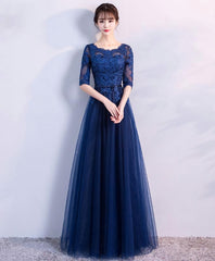 Formal Dresses Long Elegant Evening Gowns, Blue Tulle Lace Long Prom Dress, Lace Evening Dress