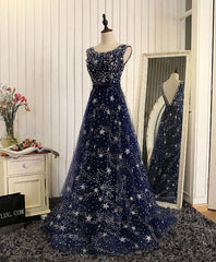 Satin Prom Dress, Blue Beaded Sequins Long Prom Dress, Blue Evening Dress