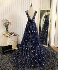 Best Prom Dress, Blue Beaded Sequins Long Prom Dress, Blue Evening Dress