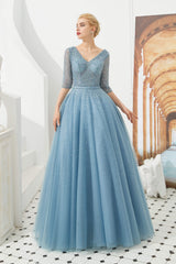 Party Dresses Size 36, Dusty Blue V-Neck Half-Sleeve Prom Dresses Long With Beadings Lace-up