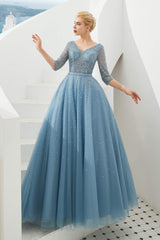 Party Dresses Classy Elegant, Dusty Blue V-Neck Half-Sleeve Prom Dresses Long With Beadings Lace-up