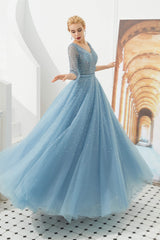 Party Dress Classy Elegant, Dusty Blue V-Neck Half-Sleeve Prom Dresses Long With Beadings Lace-up