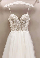 Prom Dress Pattern, White Tulle Long A-Line Prom Dresses with Lace