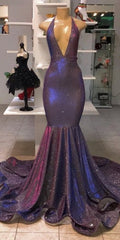 Bridesmaids Dresses Styles, Chic Deep V-Neck Sleeveless Prom Dresses New Arrival Halter Memaiad Sequins Evening Gowns