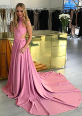 Party Dress India, Elastic Satin Prom Dress A-Line/Princess High-Neck Chapel Train With Pleated