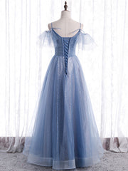 Ethereal Dress, Elegant  A line Tulle Sequin Blue Long Prom Dress, Tulle Blue Formal Evening Dress